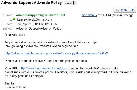 Screenshot of email explaining Adwords policy